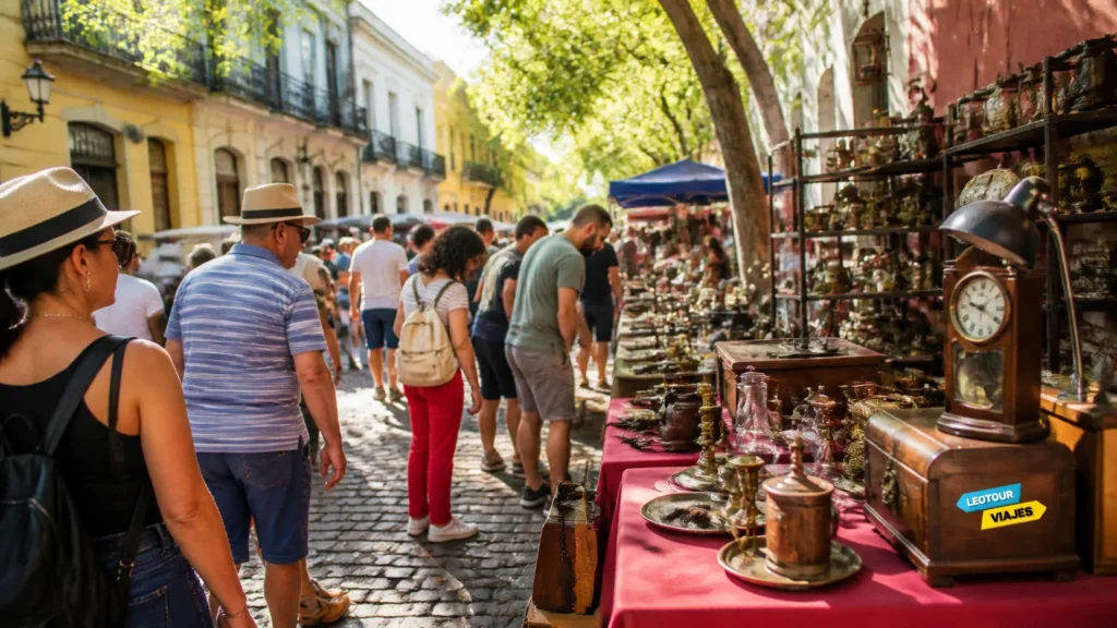 Movimentada feira de San Telmo em Buenos Aires com barracas de antiguidades e calcada de paralelepipedos.