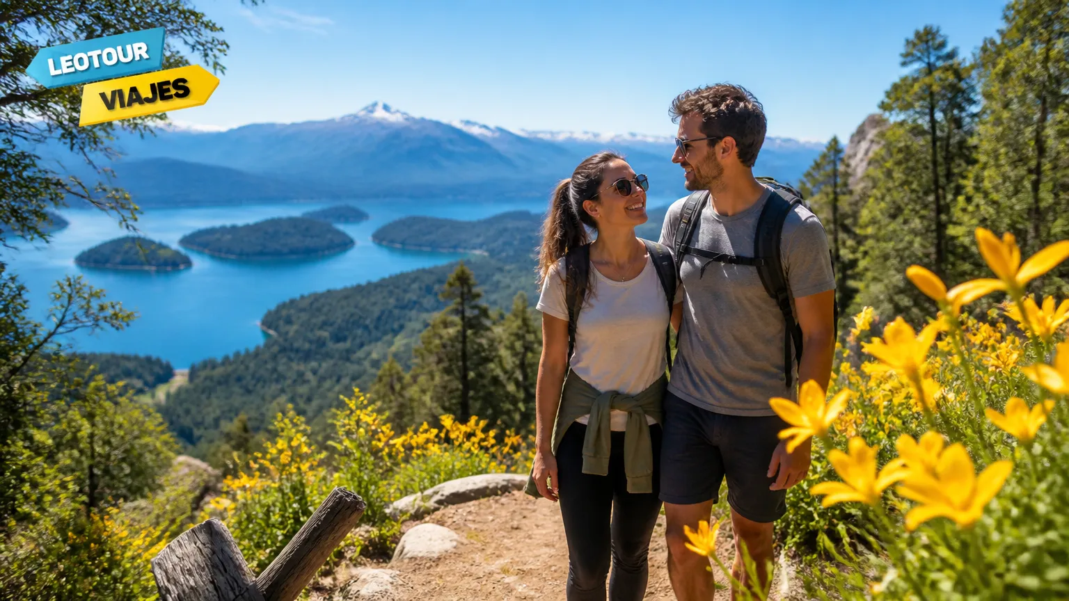 Casal aproveitando clima quente na melhor época para ir a Bariloche com flores e lago.
