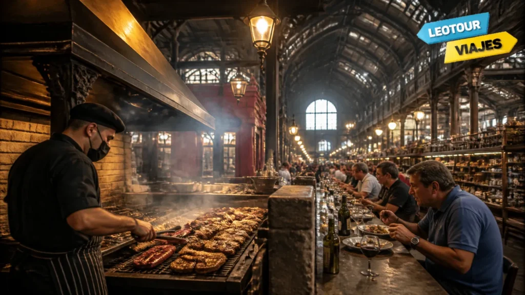 Interior histórico do Mercado del Puerto em Montevidéu com parrillas e arquitetura clássica