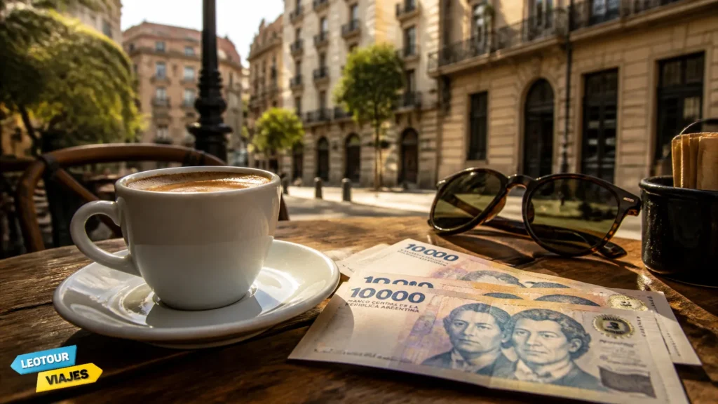 Notas de peso, a moeda da Argentina, sobre mesa de café em Buenos Aires.