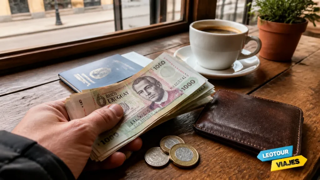 Moeda do Uruguai e carteira sobre mesa de café em Montevidéu para planejamento de viagem.