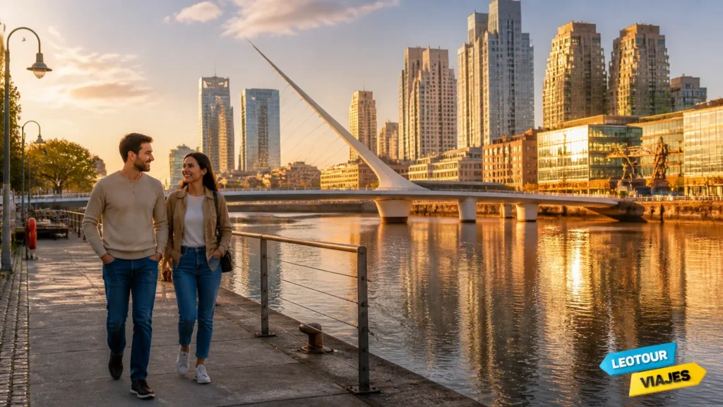 Descubra o que fazer em Puerto Madero Buenos Aires visitando a famosa Puente de la Mujer ao entardecer.