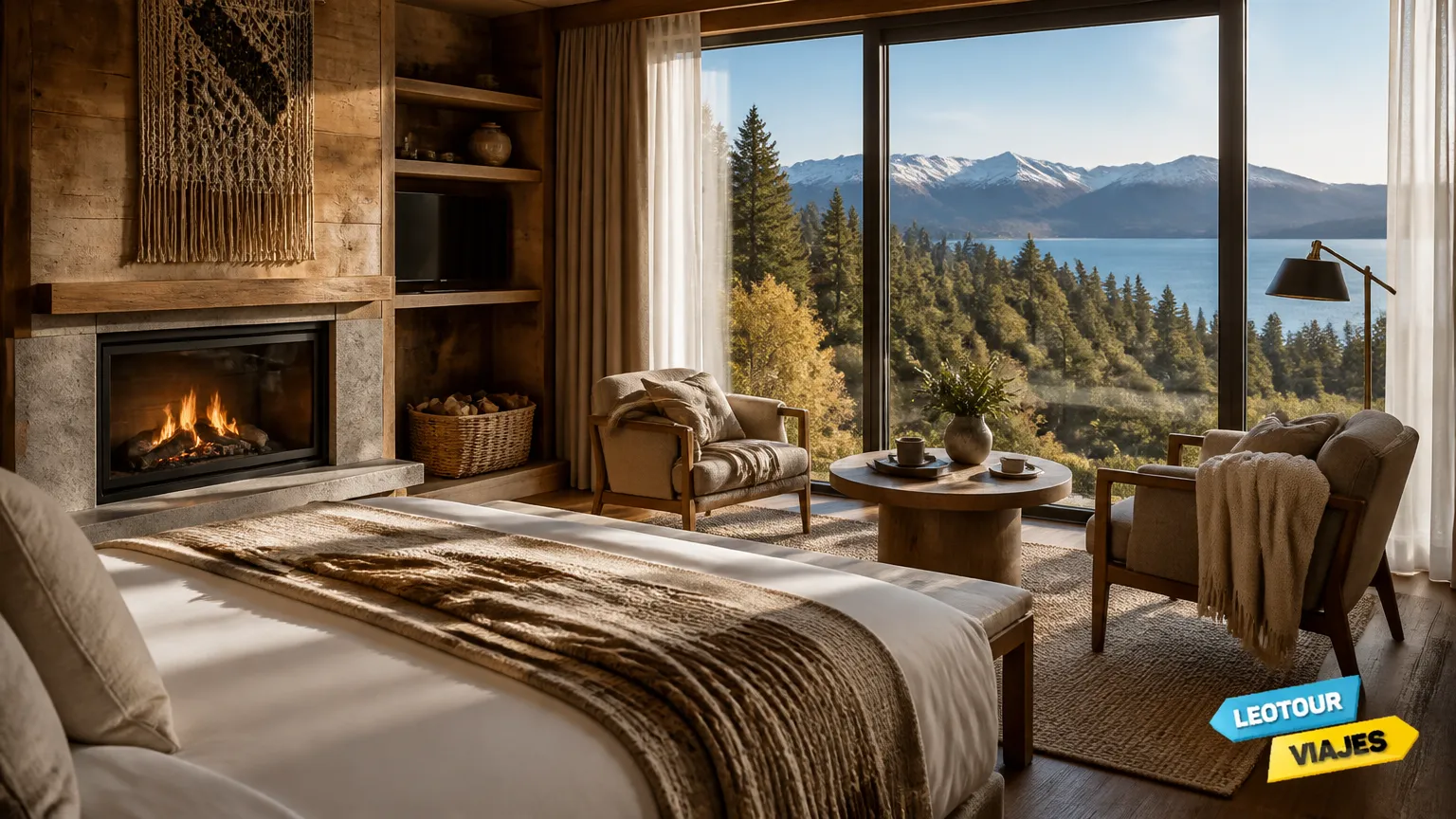Quarto de hotel boutique demonstrando onde ficar em Bariloche com conforto e vista para floresta.