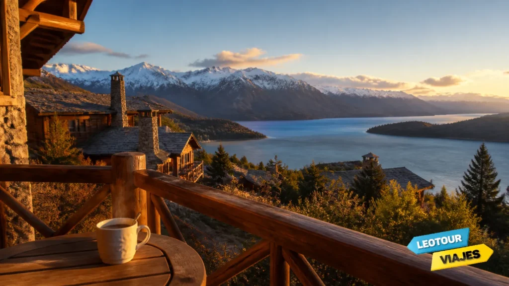 Guia de onde ficar em Bariloche com vista panorâmica para o Lago Nahuel Huapi e montanhas nevadas.