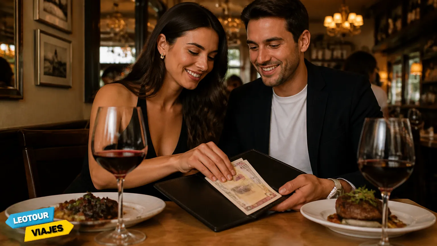 Pagamento com a moeda da Argentina em restaurante tradicional durante viagem.