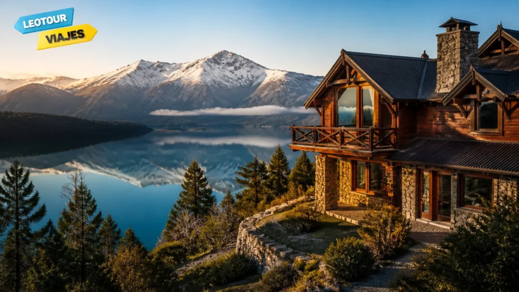 Paisagem deslumbrante de Villa La Angostura com lago cristalino e montanhas da Patagônia ao entardecer.