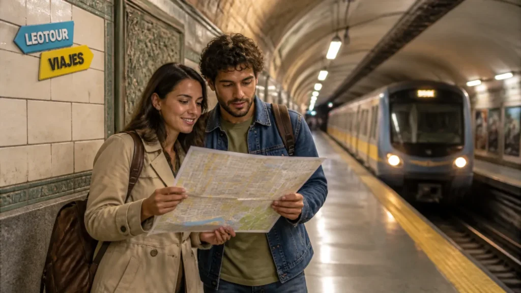 Passageiros na plataforma do subte de Buenos Aires planejando itinerário de viagem.