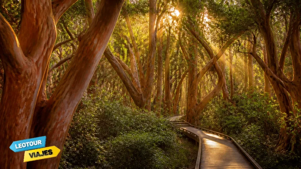 Passarela de madeira iluminada pelo sol no mágico Bosque de Arrayanes na Patagônia Argentina.