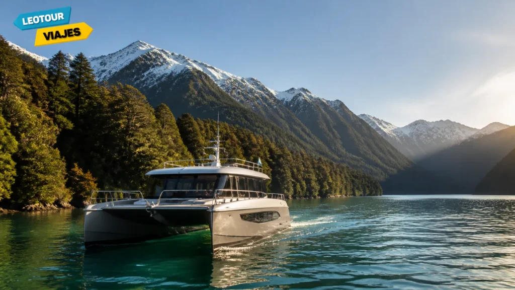 Catamarã navegando em direção a Puerto Blest cercado por montanhas e florestas em Bariloche.