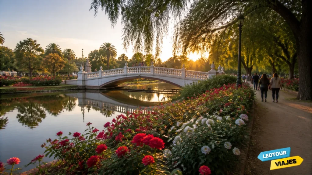 Passeio pelo Rosedal nos Bosques de Palermo Buenos Aires com ponte clássica e lago florido.
