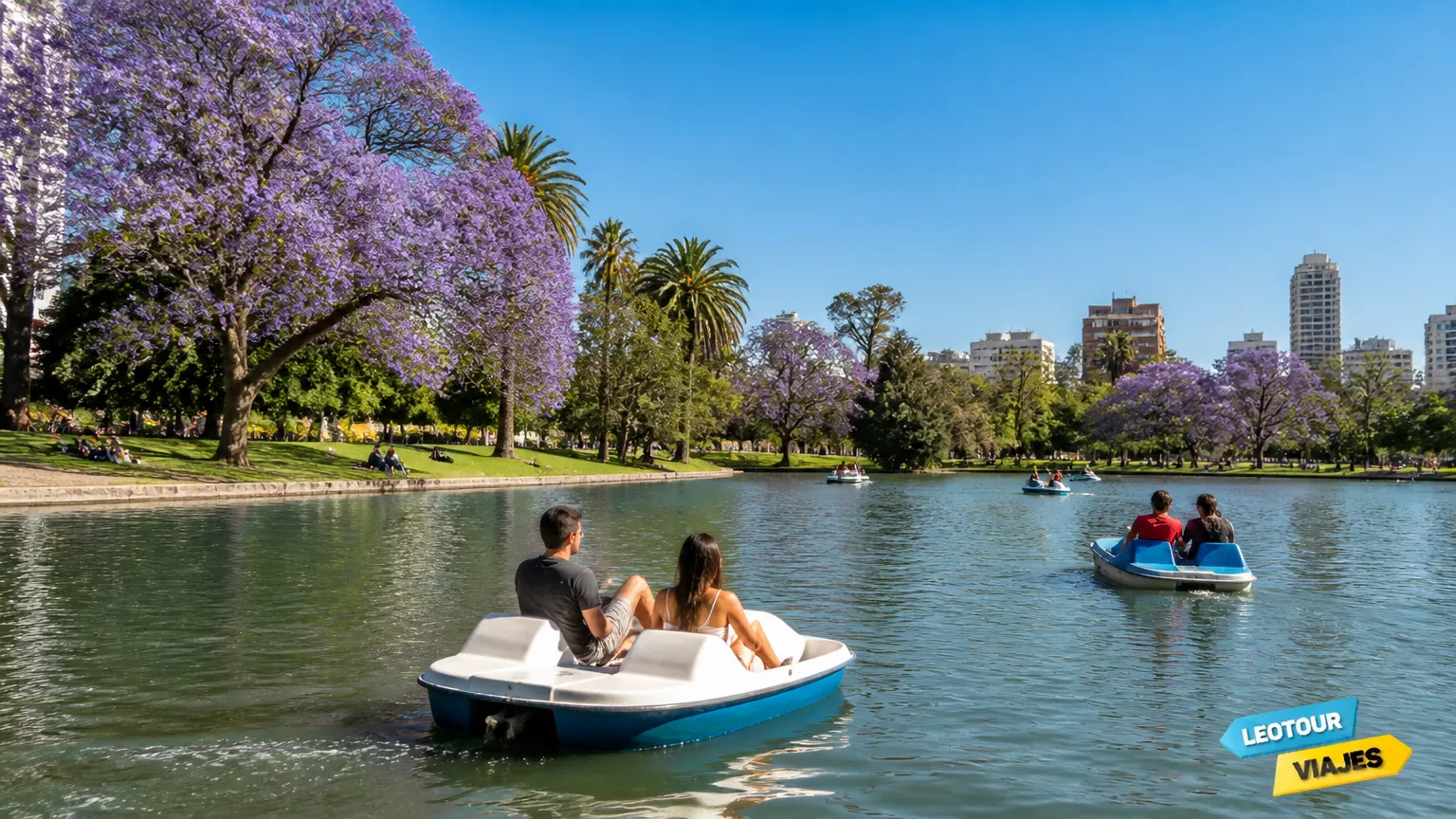 Pessoas pedalando barco lago Bosques de Palermo Buenos Aires dia ensolarado.