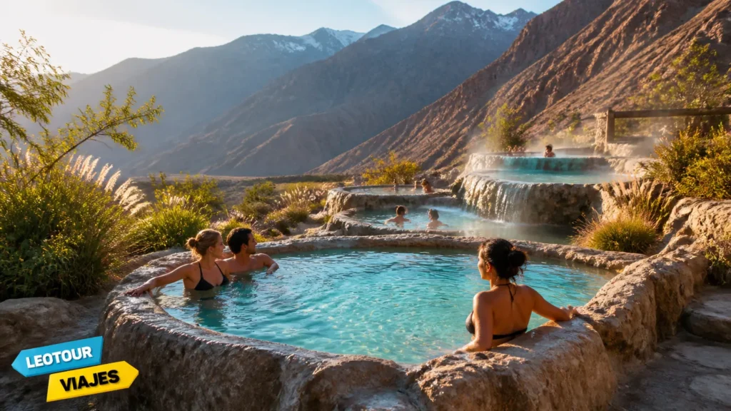 Piscinas de pedra com águas quentes nas cercadas pela Cordilheira dos Andes em Mendoza.