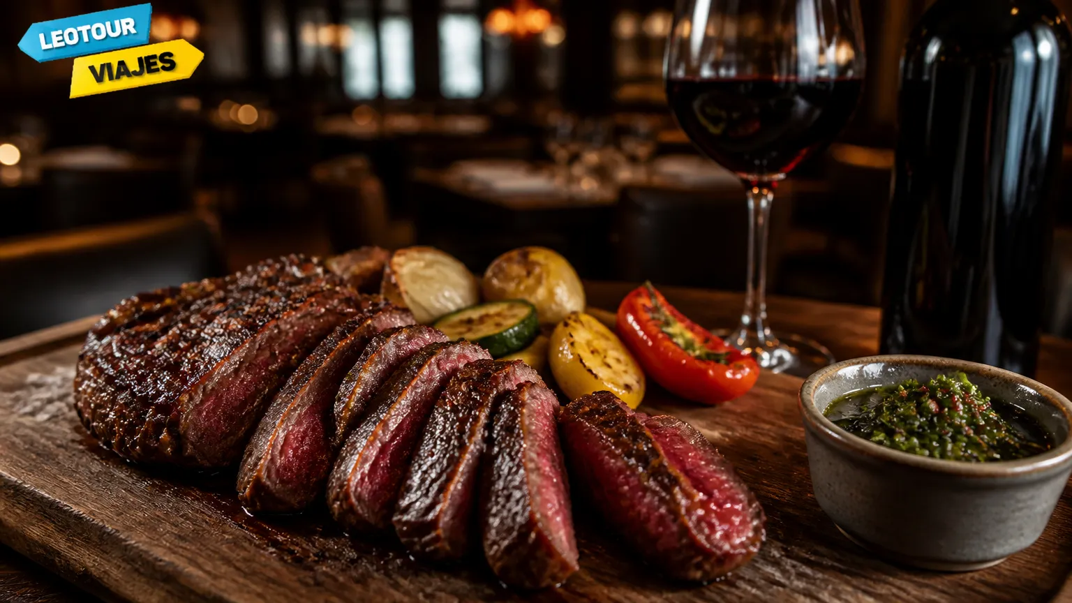 Prato gourmet com corte nobre em restaurante Puerto Madero acompanhado de vinho tinto.
