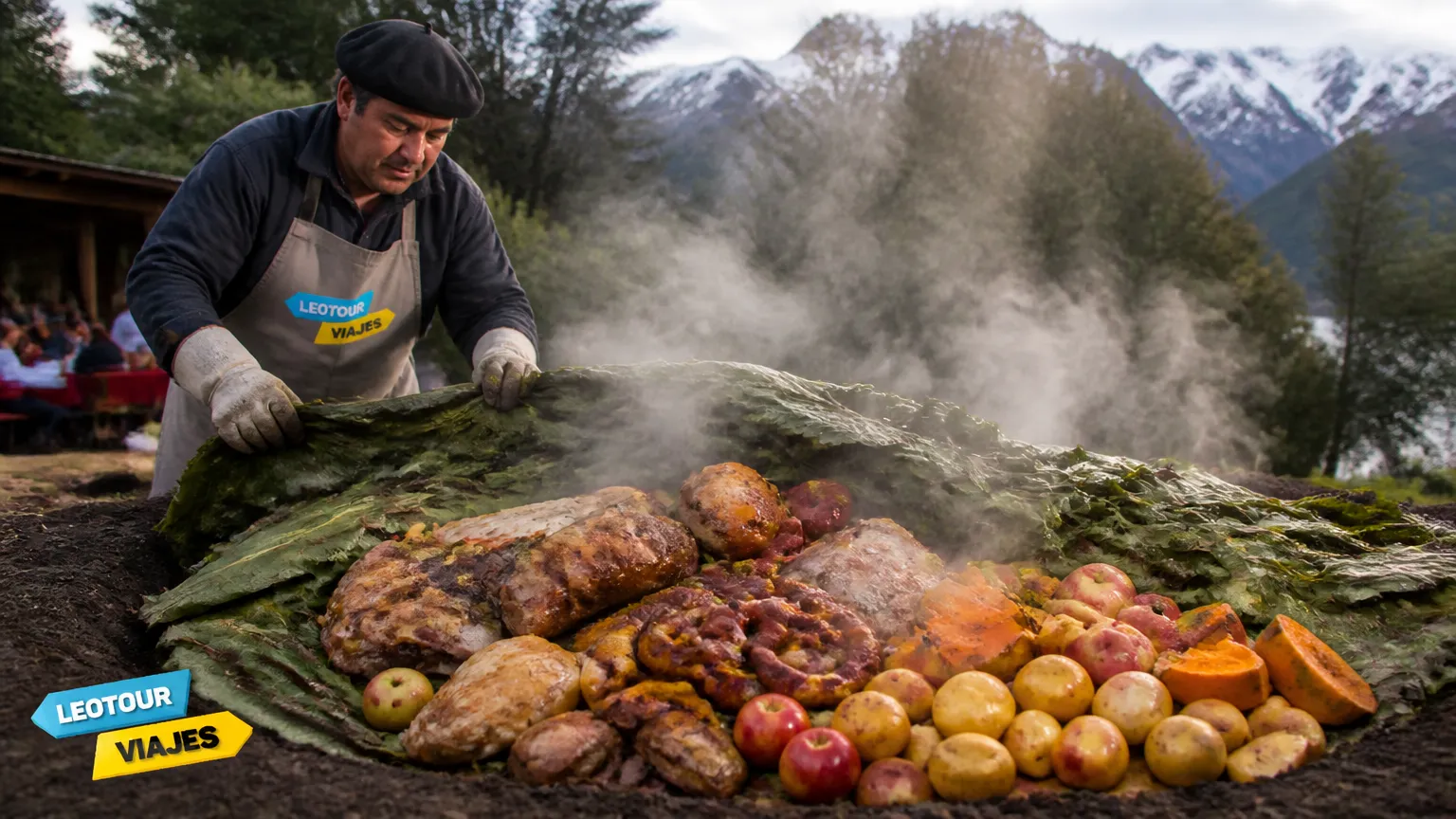 Preparo tradicional do curanto sob a terra em Colonia Suiza Bariloche com vapor e vegetais.