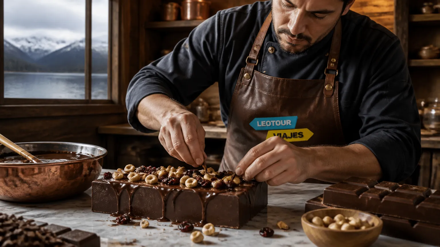 Produção artesanal de barras gourmet destacando a tradição e sabor do chocolate em Bariloche na Patagônia.