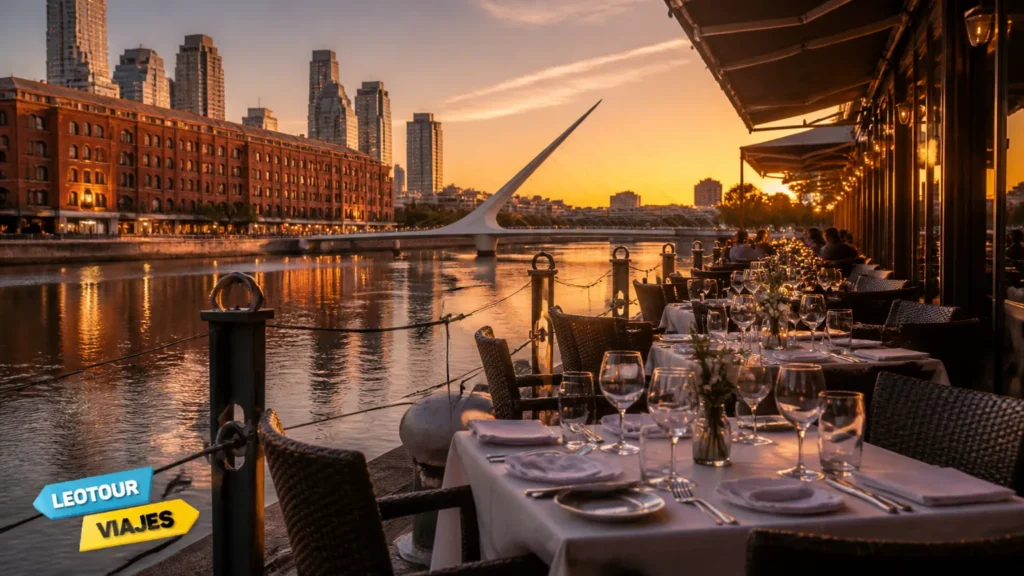 Mesa elegante em restaurante Puerto Madero ao entardecer com vista para o canal em Buenos Aires.