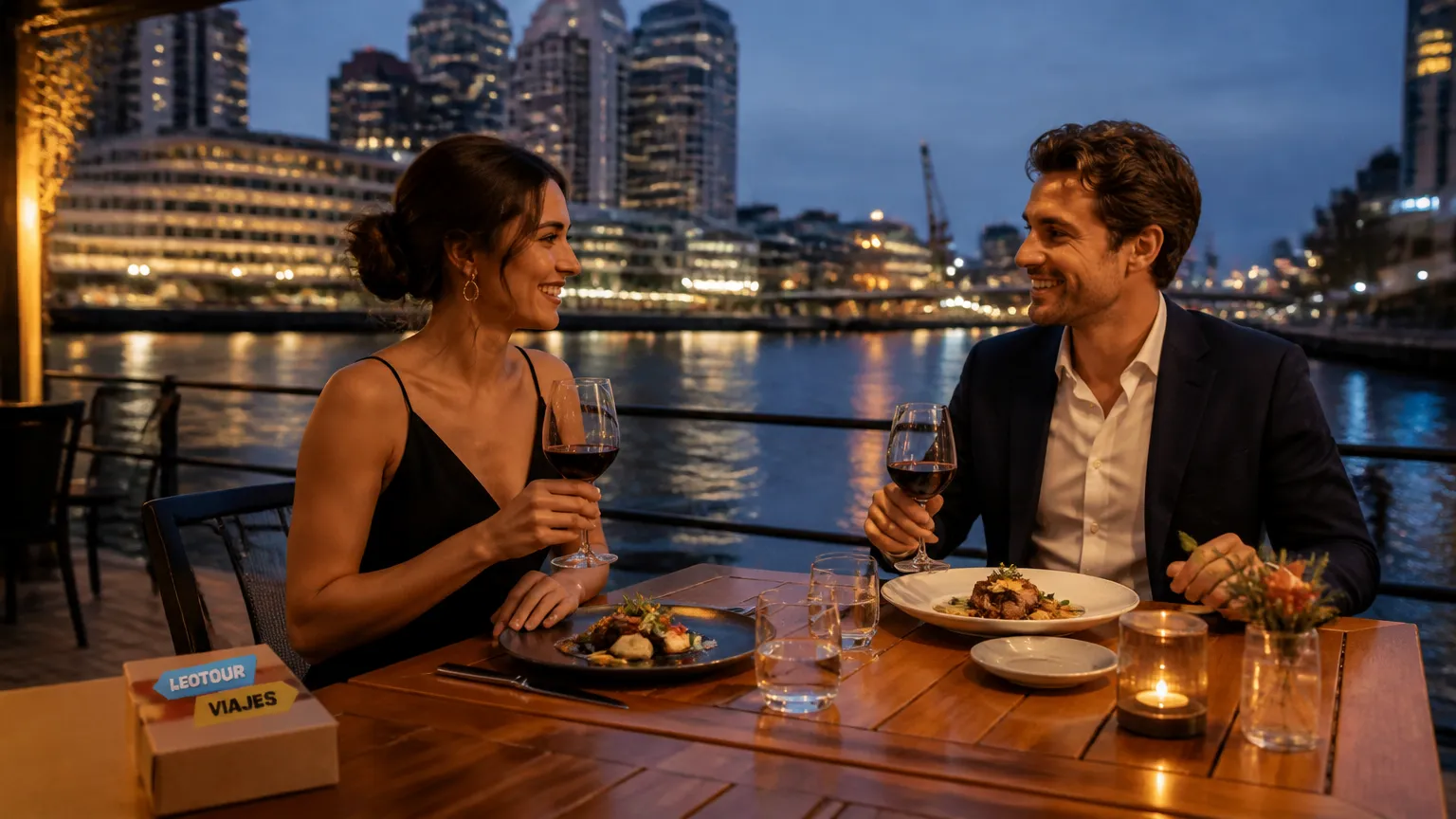 Restaurante sofisticado a beira do canal em Puerto Madero Argentina a noite.