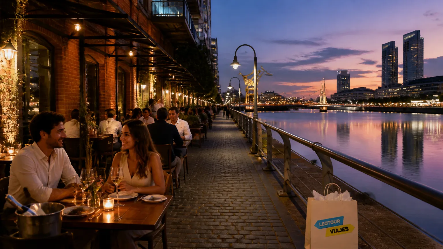 Gastronomia sofisticada ao ar livre e dicas sobre o que fazer em Puerto Madero Buenos Aires a noite.