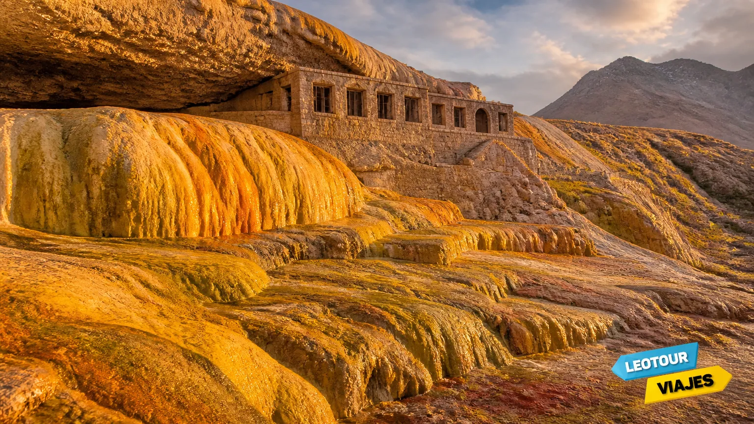 Detalhes das rochas minerais coloridas e fontes termais no Puente del Inca na alta montanha.