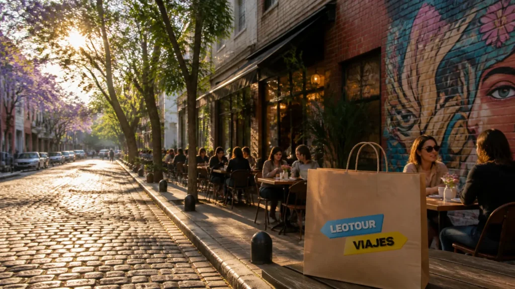 Rua arborizada e charmosa no bairro de Palermo Buenos Aires durante o entardecer