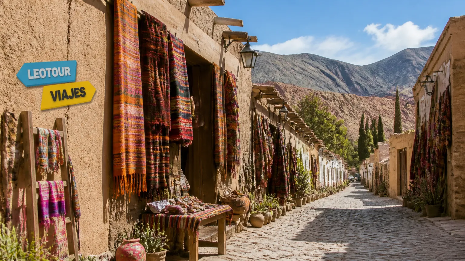 Rua tradicional de paralelepípedos em Tilcara com casas de adobe e artesanato andino.