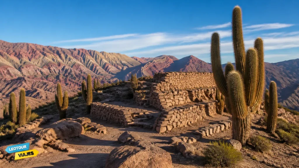 Ruínas históricas de Pucará de Tilcara cercadas por cactos gigantes e montanhas coloridas.