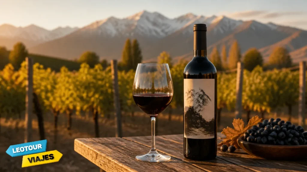 Taça e garrafa de vinho argentino em vinhedo com vista para a Cordilheira dos Andes em Mendoza.