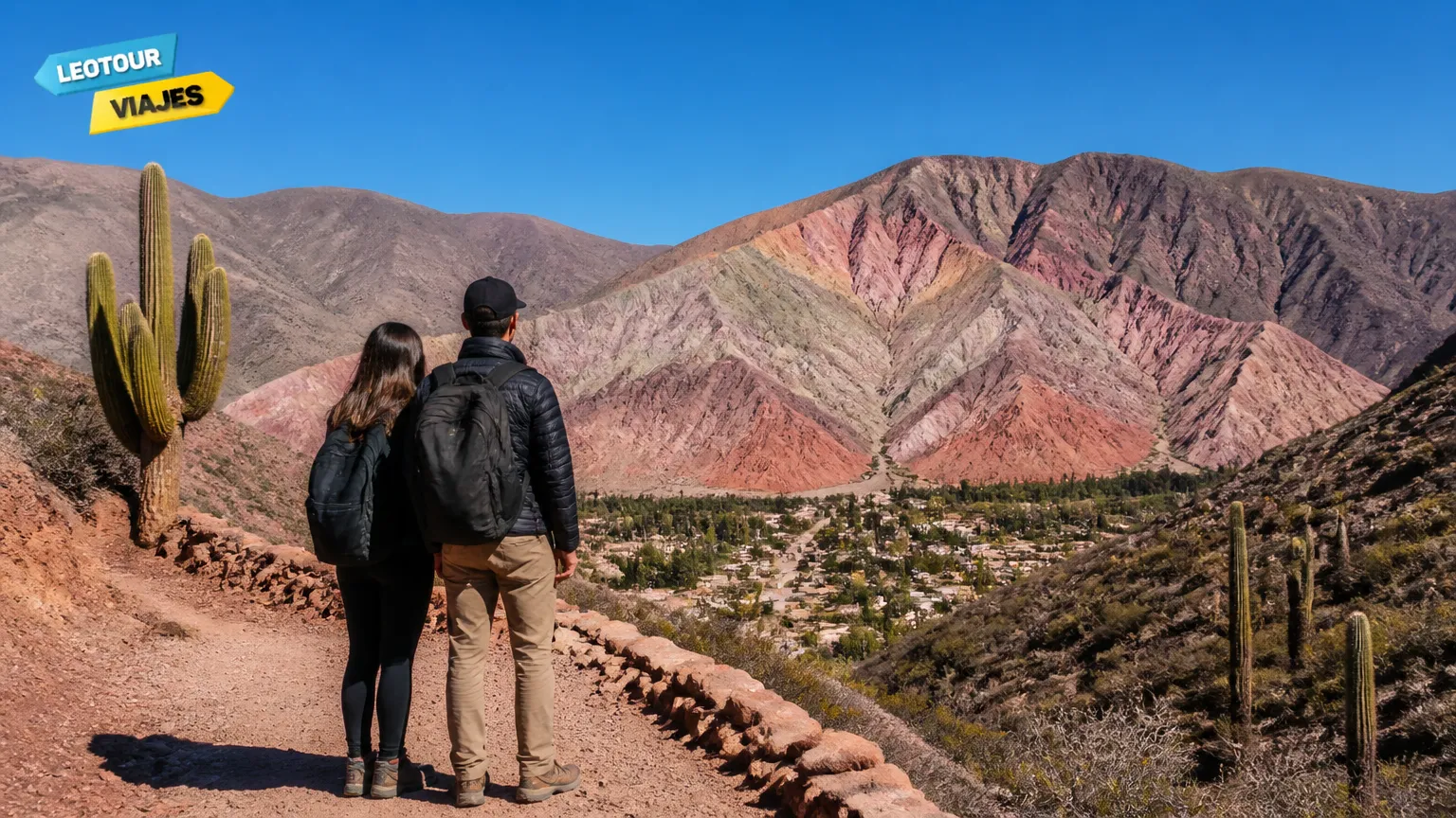 Trilha com vista espetacular para o Cerro de los Siete Colores na Argentina.