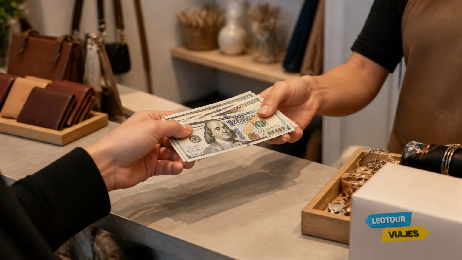 Mãos trocando dinheiro para compras inteligentes usando dólar blue na Argentina.