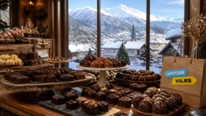 Exibição de trufas artesanais e tradicional chocolate em Bariloche com vista para os Andes nevados ao fundo.