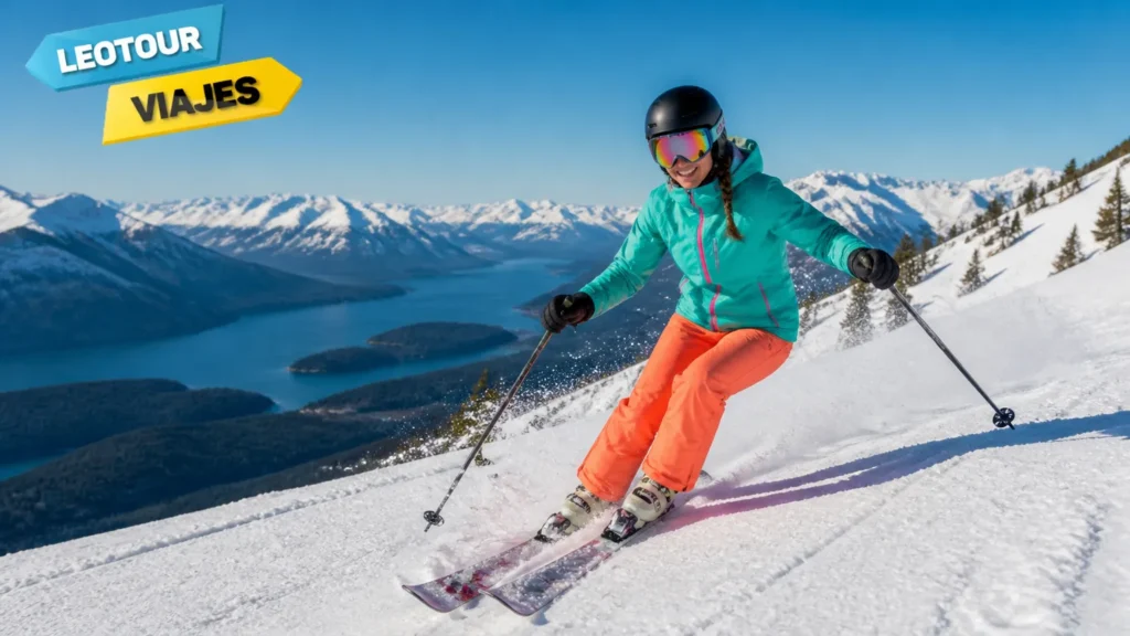 Turista iniciante aprendendo a esquiar em Bariloche nas montanhas nevadas da Patagônia.
