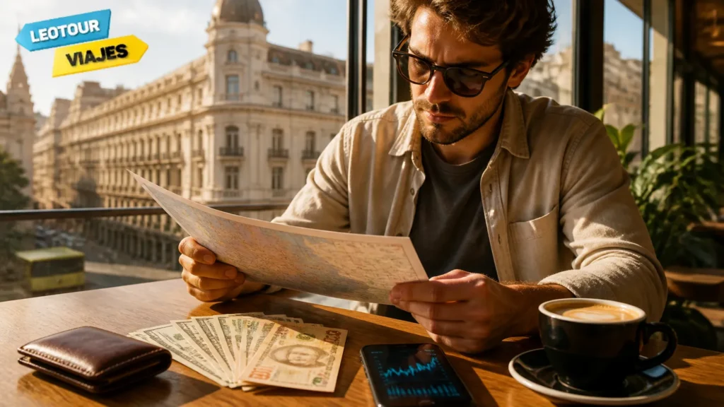 Turista organizando notas de peso argentino e dólar blue sobre mesa em café charmoso.