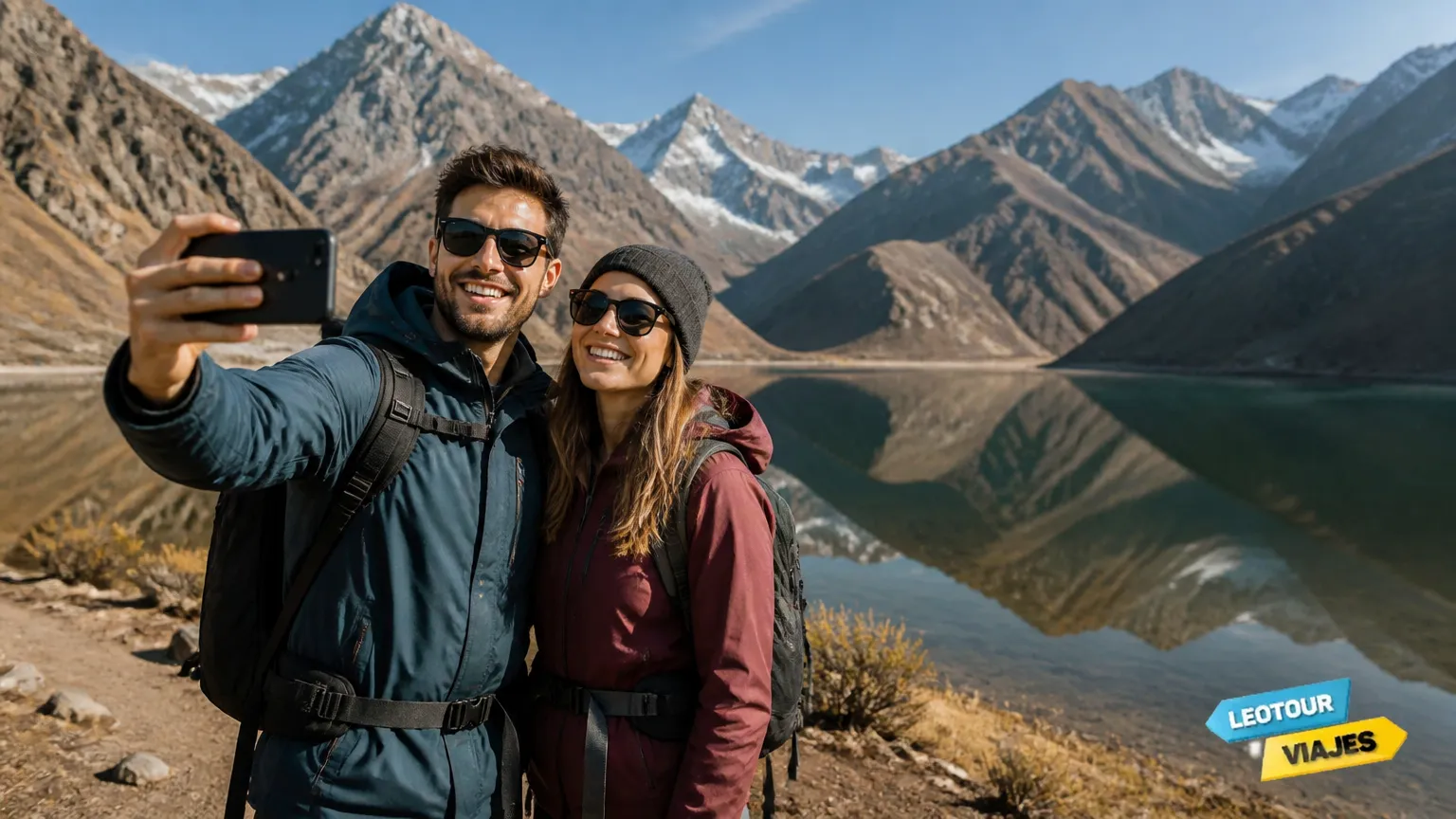 Casal de turistas caminhando em trilha cênica no parque provincial Aconcágua.