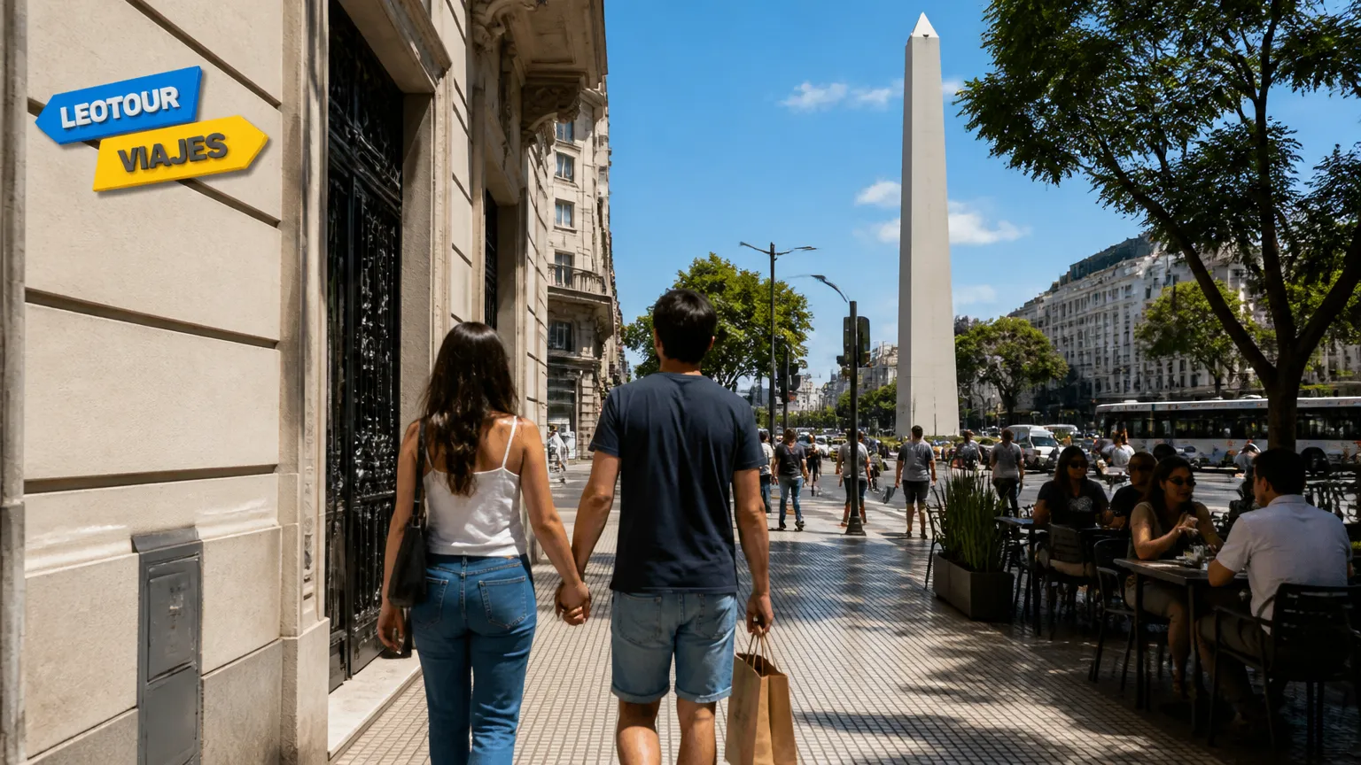 Turistas aproveitando o entorno do Obelisco de Buenos Aires em dia ensolarado.