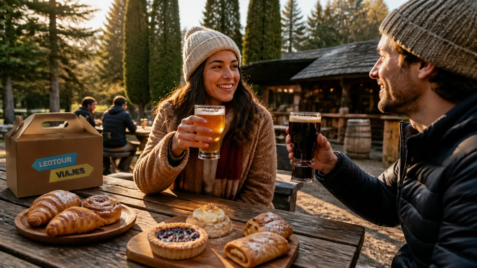 Turistas aproveitando gastronomia tipica ao ar livre em Colonia Suiza Bariloche durante a tarde.