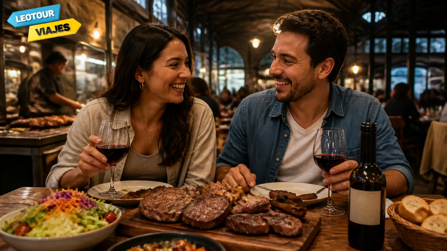 Turistas aproveitando gastronomia típica no Mercado del Puerto em Montevidéu