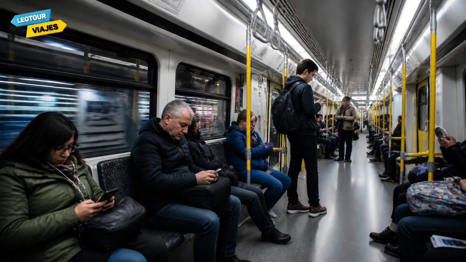 Vagão moderno de metrô no subte de Buenos Aires com passageiros.