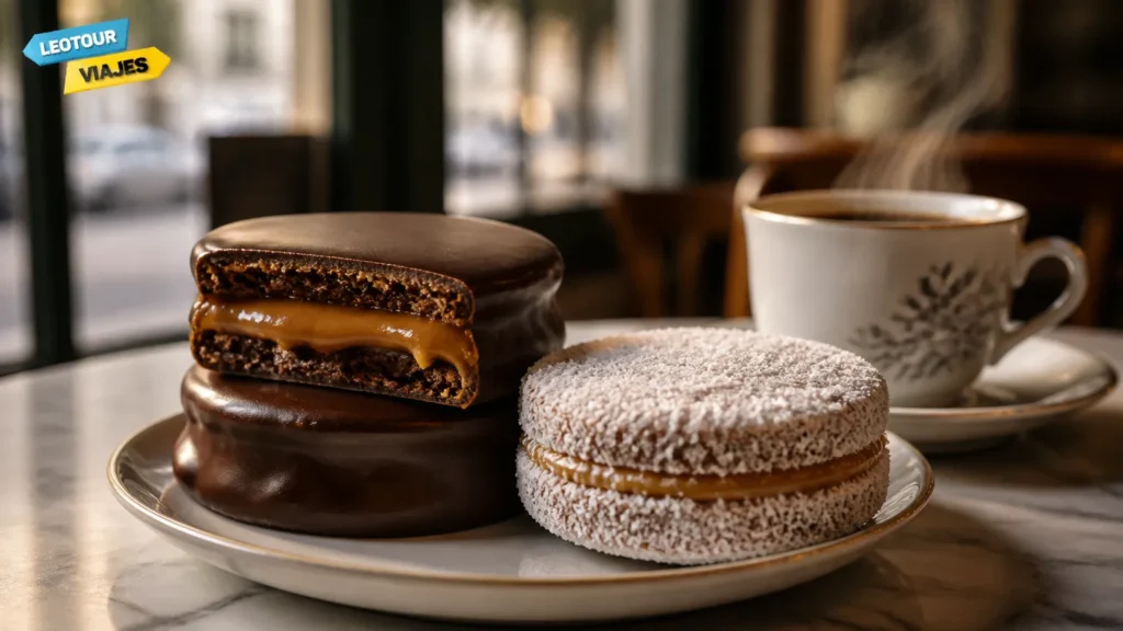 Variedade de alfajor argentino tradicional com recheio generoso de doce de leite em cafe de Buenos Aires.