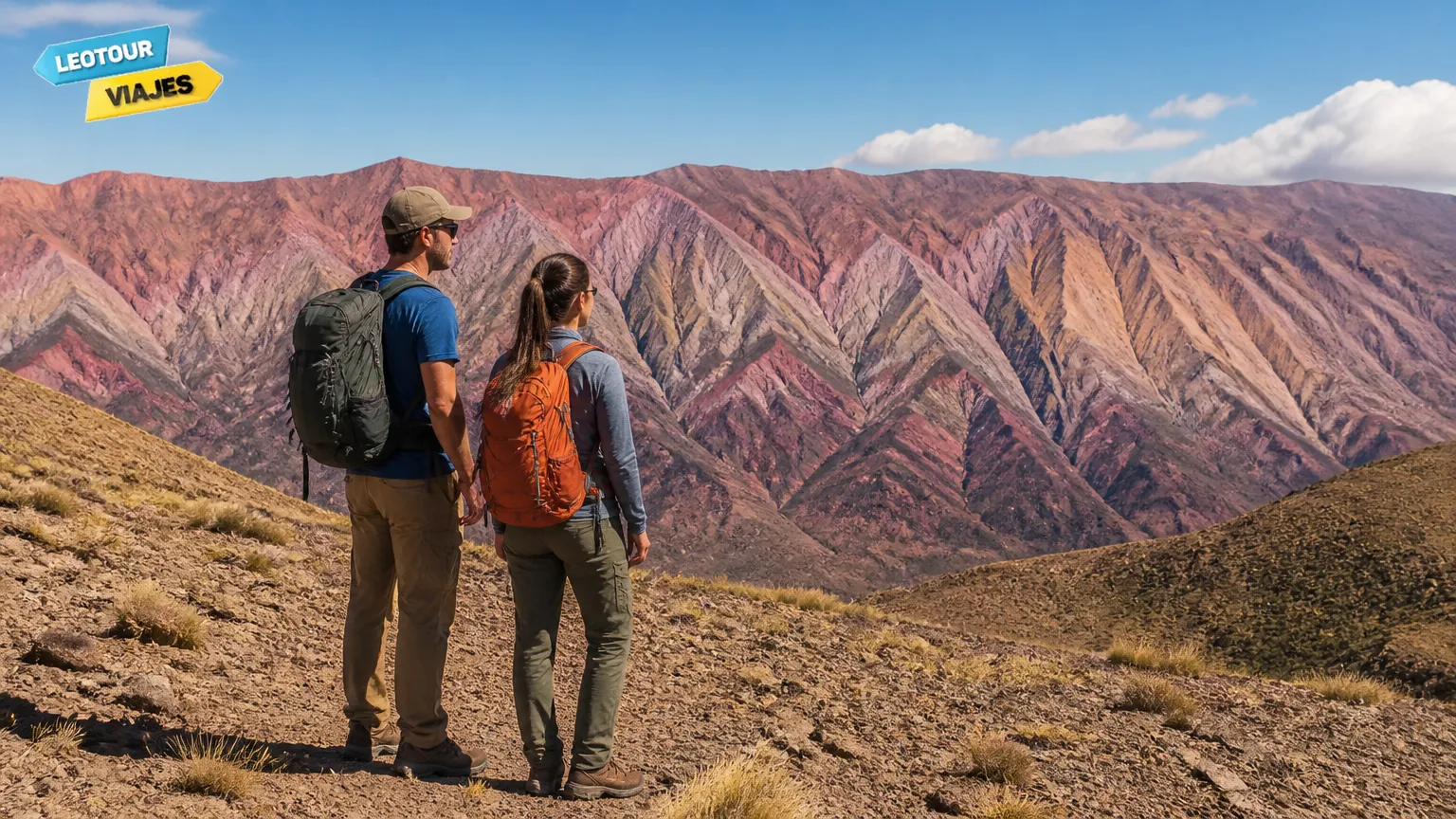 Viajantes contemplando a paisagem incrível das Serranías del Hornocal no mirante natural em Jujuy.