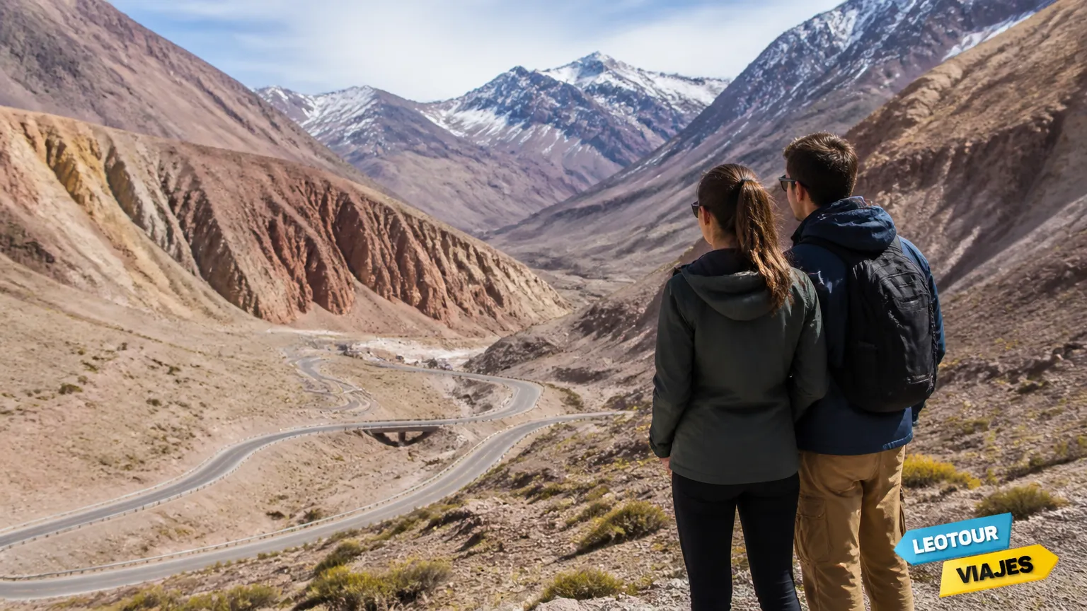 Viajantes contemplando a paisagem andina e a rota do Puente del Inca em Mendoza.