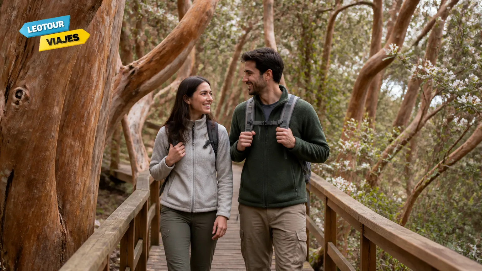 Viajantes explorando trilha entre árvores alaranjadas no Bosque de Arrayanes.