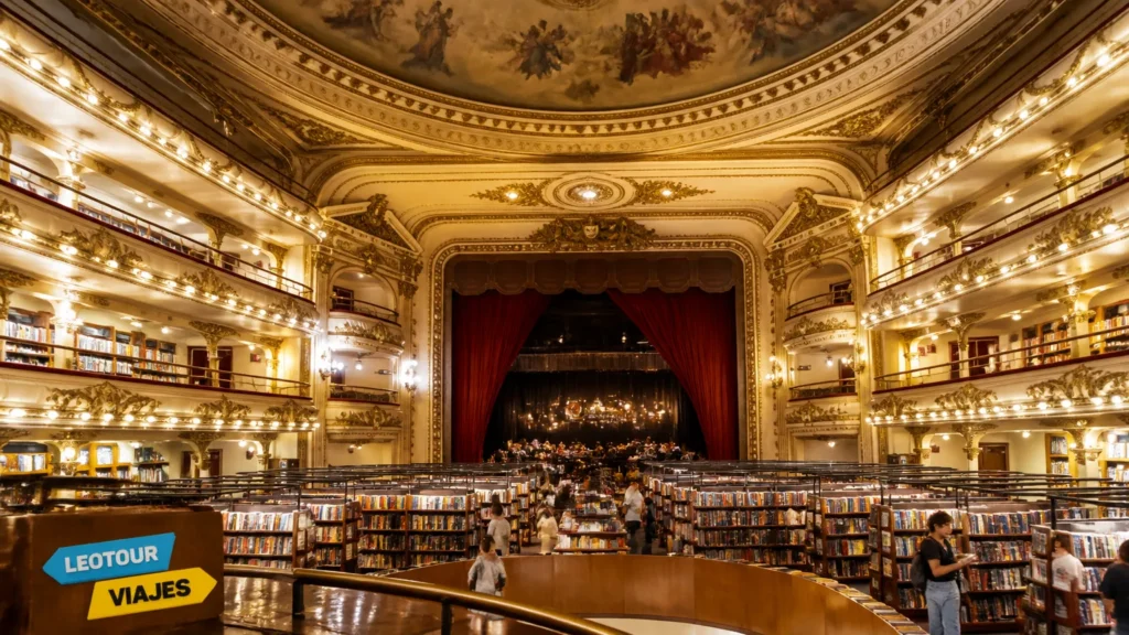 Visão geral deslumbrante da livraria com cúpula e varandas douradas.