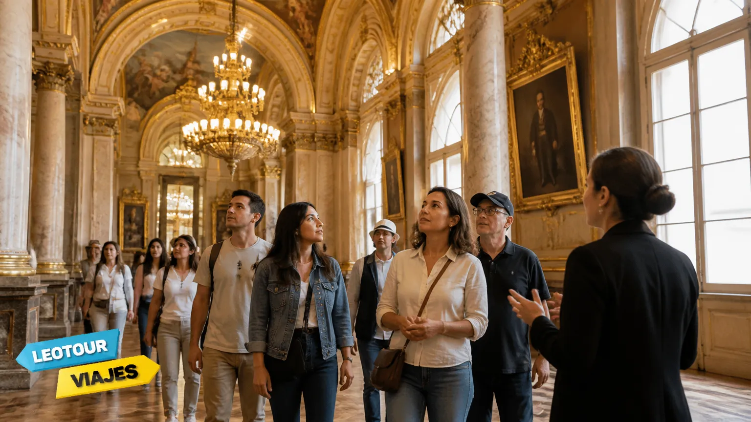 Turistas em visita guiada pelos corredores históricos internos da Casa Rosada.