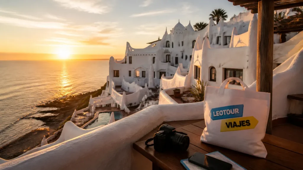 Vista panorâmica da Casapueblo no penhasco durante o pôr do sol em Punta del Este.