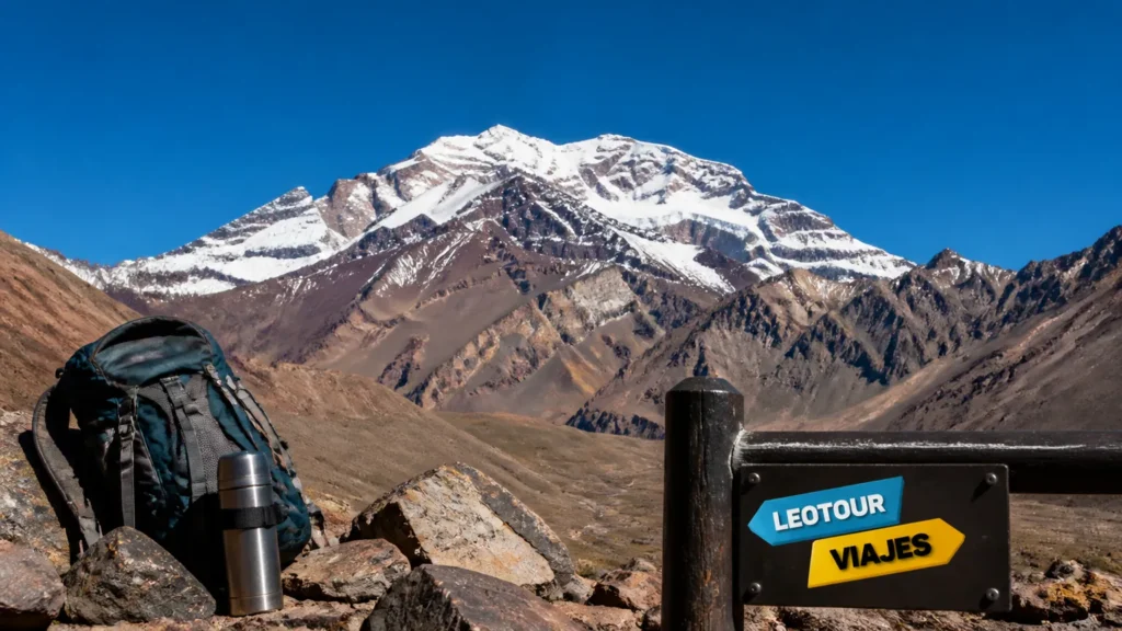 Vista panorâmica majestosa do pico nevado do monte Aconcágua nos Andes argentinos.