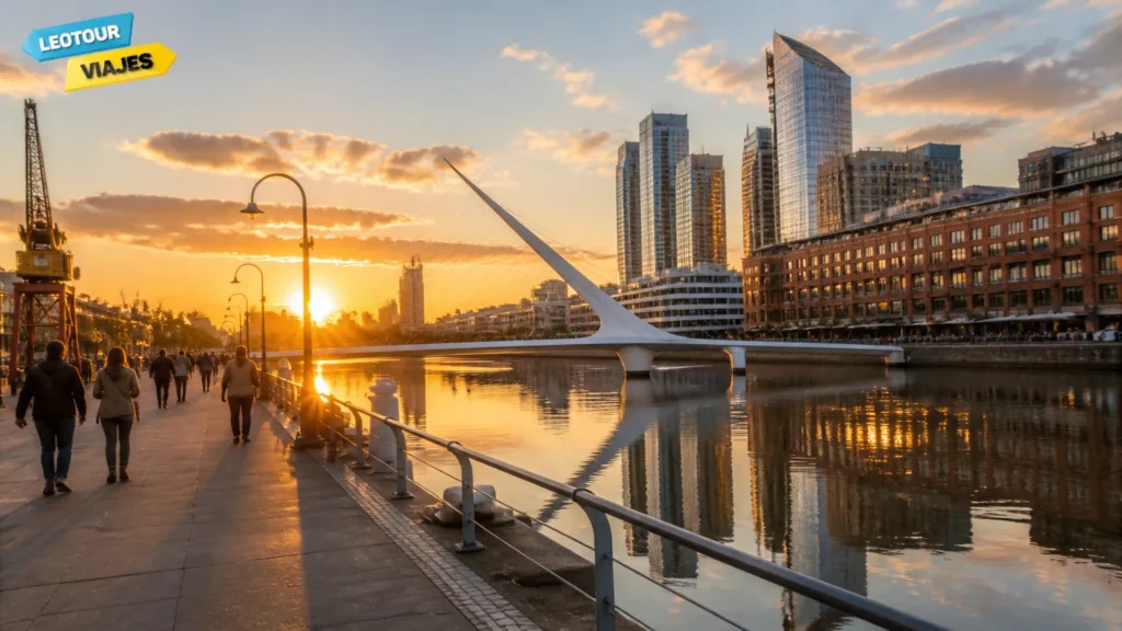 Vista panoramica moderna de Puerto Madero Argentina com a famosa ponte ao entardecer.