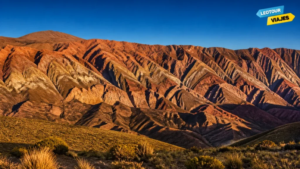 Vista panorâmica espetacular das Serranías del Hornocal exibindo montanhas coloridas e relevo no pôr do sol.