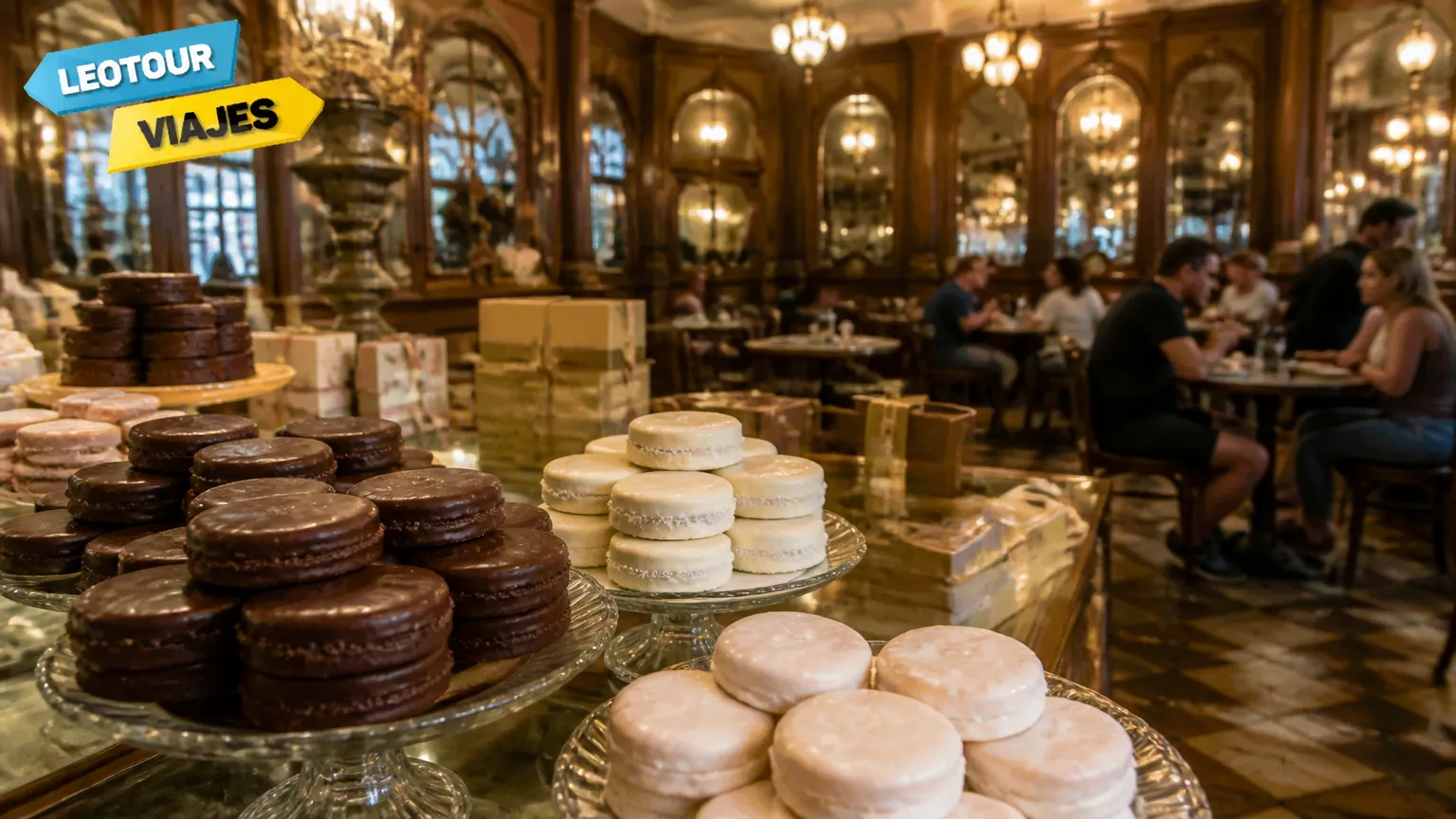 Vitrine artesanal com diferentes tipos de alfajor argentino em confeitaria tradicional de Buenos Aires.