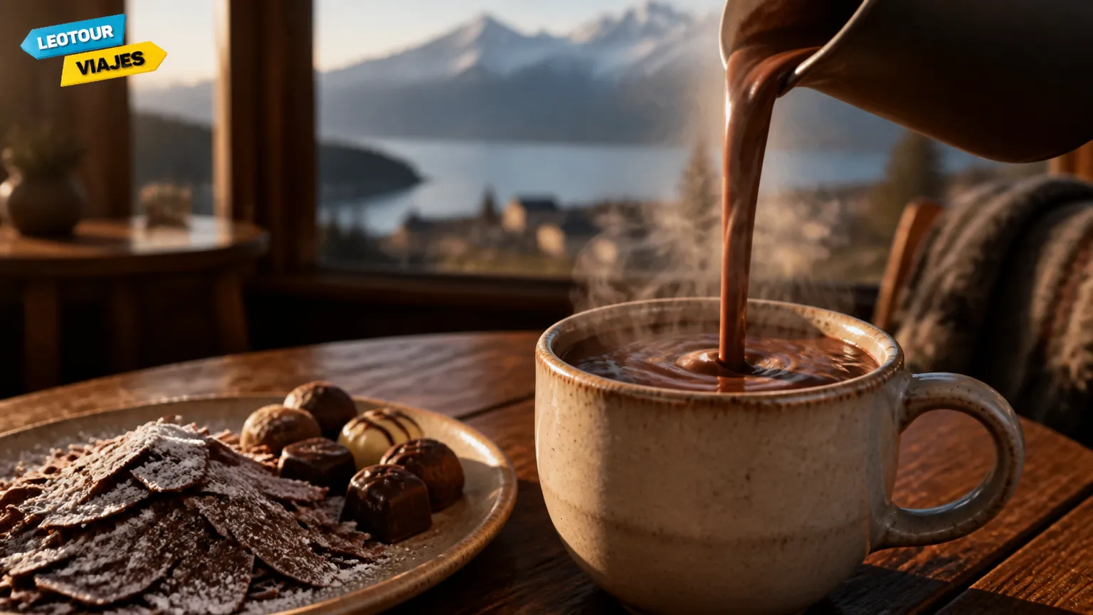 Xícara cremosa de chocolate quente servida em cafeteria charmosa apreciando o melhor chocolate em Bariloche.
