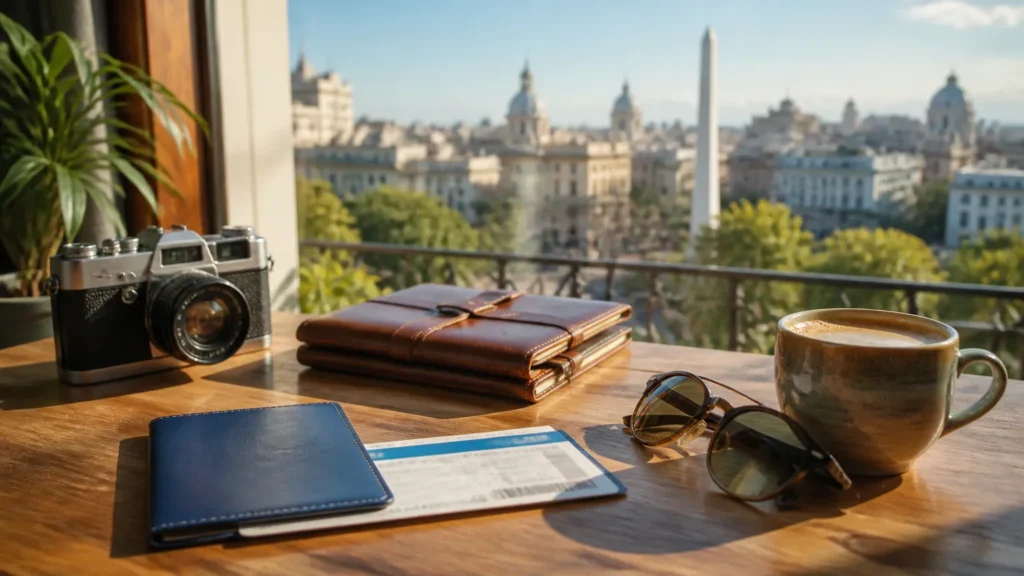 Mesa de planejamento de viagem organizando detalhes de um pacote buenos aires completo.